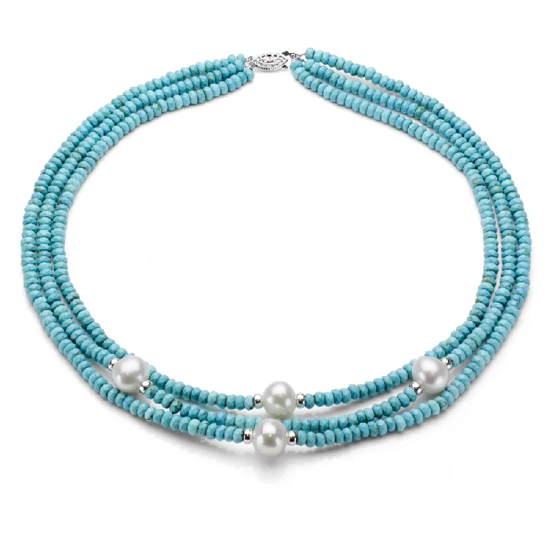 DaVonna Silver 3-row Turquoise and White FW Pearl Necklace (10-11 mm)