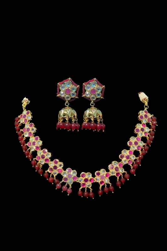 NS112  Ruby flower necklace set ( READY TO SHIP)