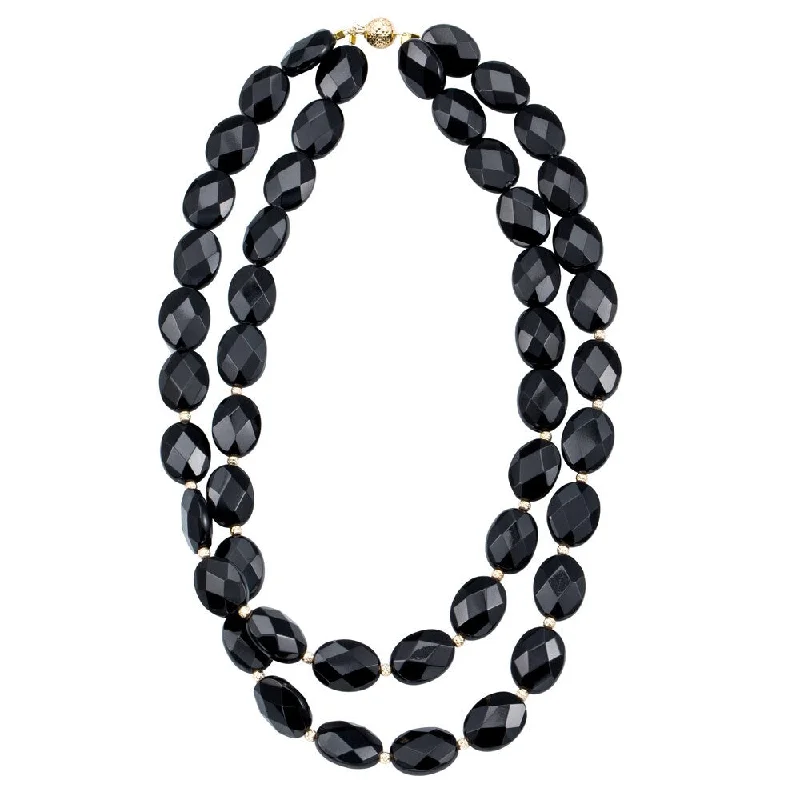 DaVonna 14k Yellow Gold Flat Oval Black Onyx and Beads 2-row Necklace