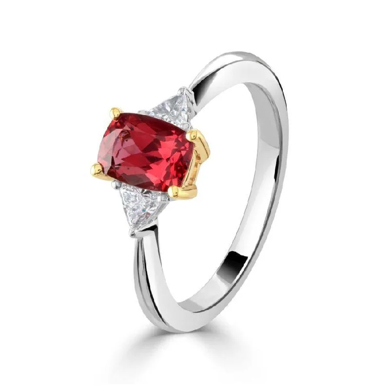 18ct White & Yellow Gold Rectangular Red Spinel & Trilliant Cut Diamond Trilogy Ring