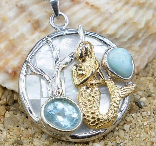 Mermaid Pendant Necklace with Larimar, Blue Topaz and Mother of Pearl Mosaic