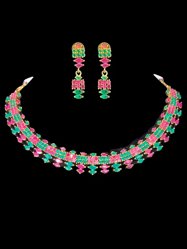 NS336 Rekha necklace set in red green    (READY TO SHIP)