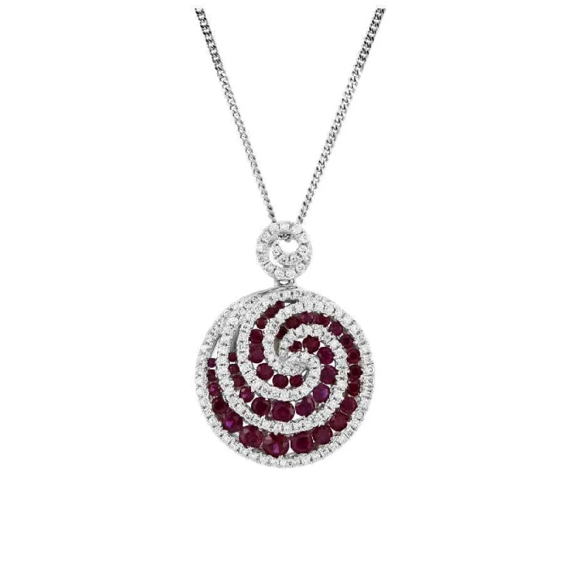 18ct White Gold Ruby & Diamond Round Swirl Pendant