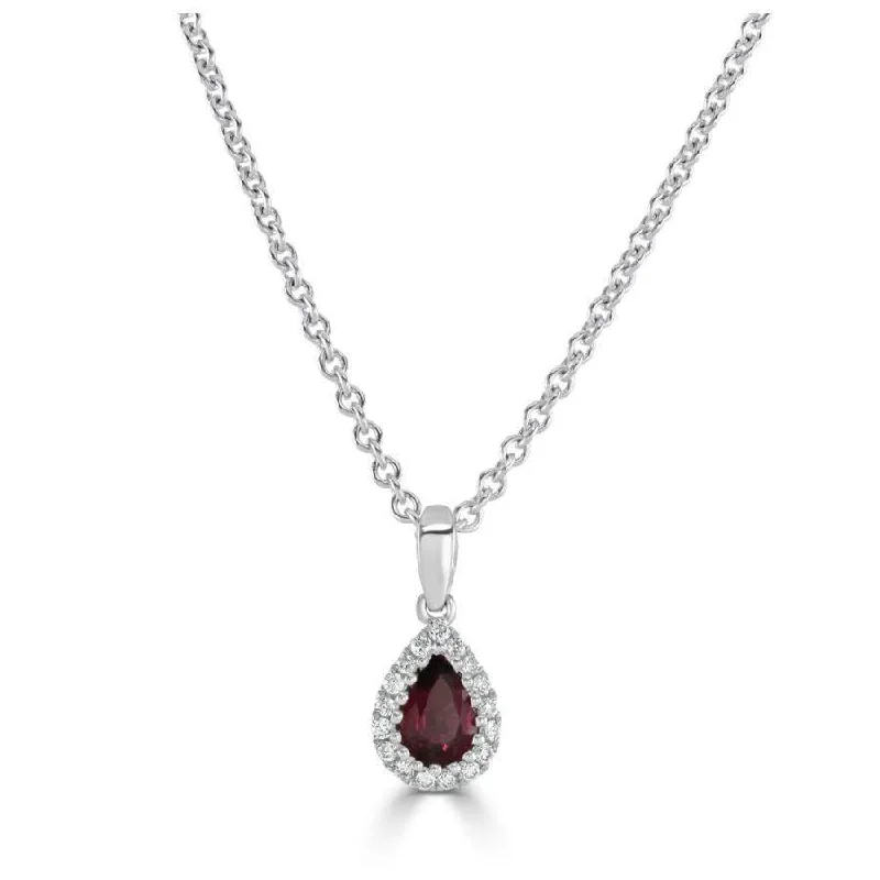 18ct White Gold Pear Cut Ruby & Diamond Halo Cluster Pendant