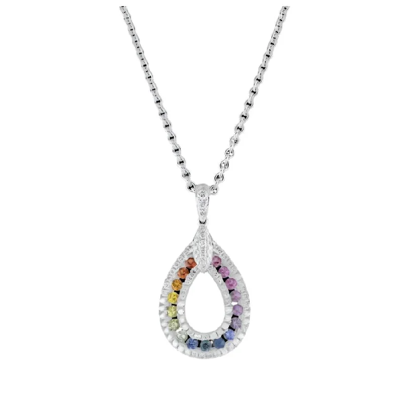 18ct White Gold Rainbow Sapphire & Diamond Teardrop Shaped Pendant