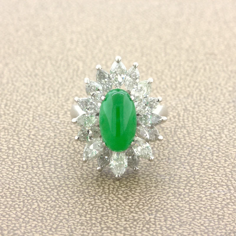 4.13 Carat Jadeite Jade Diamond Sunburst Platinum Ring, GIA Certified “Type A”