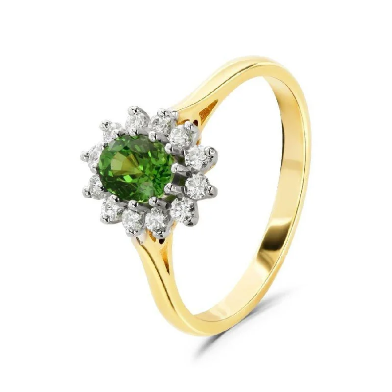 18ct Yellow Gold Oval Cut Tsavorite & Round Brilliant Cut Diamond Cluster Ring