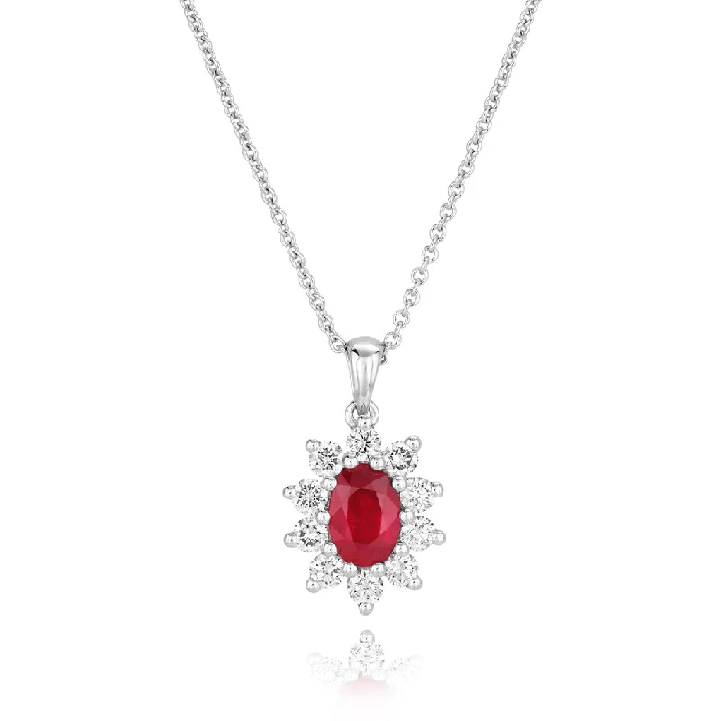 18ct white gold oval ruby and brilliant cut diamond claw set pendant supplied with chain