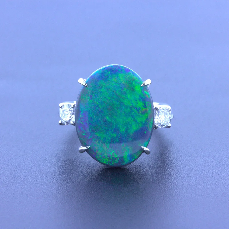 7.92 Carat Australian Black Opal Diamond 3-Stone Platinum Ring