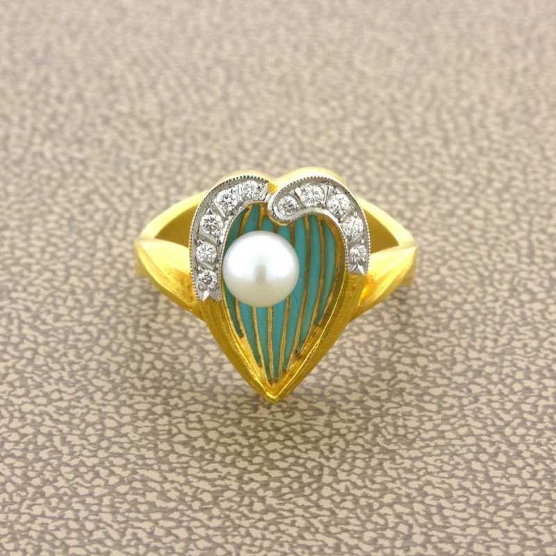 Masriera Diamond Pliqué-a-Jour Enamel Pearl 18K Yellow Gold Ring