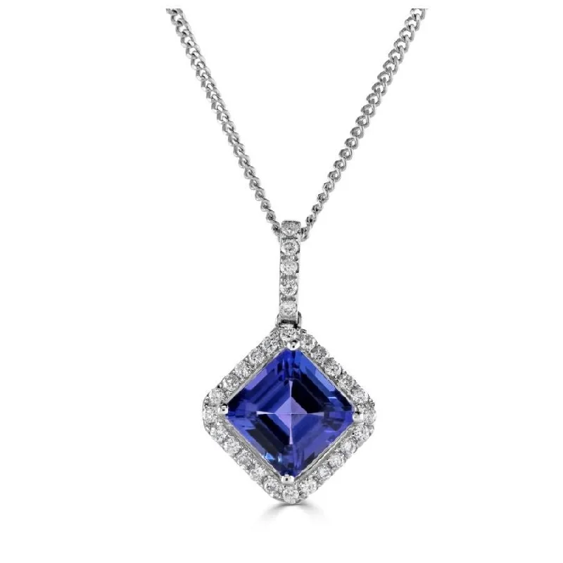 18ct White Gold Square Cut Tanzanite & Diamond Halo Cluster Pendant