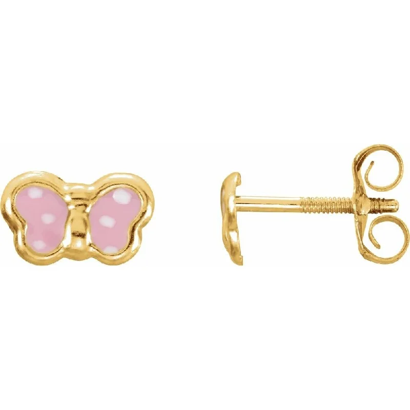 14k Yellow Gold Pink Enamel Butterfly Stud Earring for Women