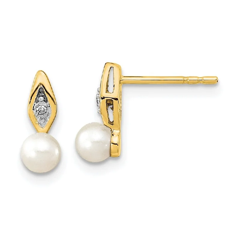 14k Yellow Gold Genuine Cultured Pearl Diamond Earring (L-12 mm, W-3 mm)