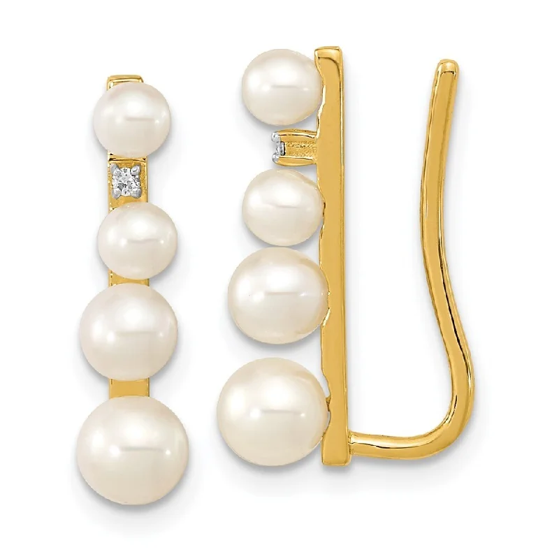 14k Yellow Gold Pearl And Diamond Ear Climber Earring (L-19 mm, W-5 mm)