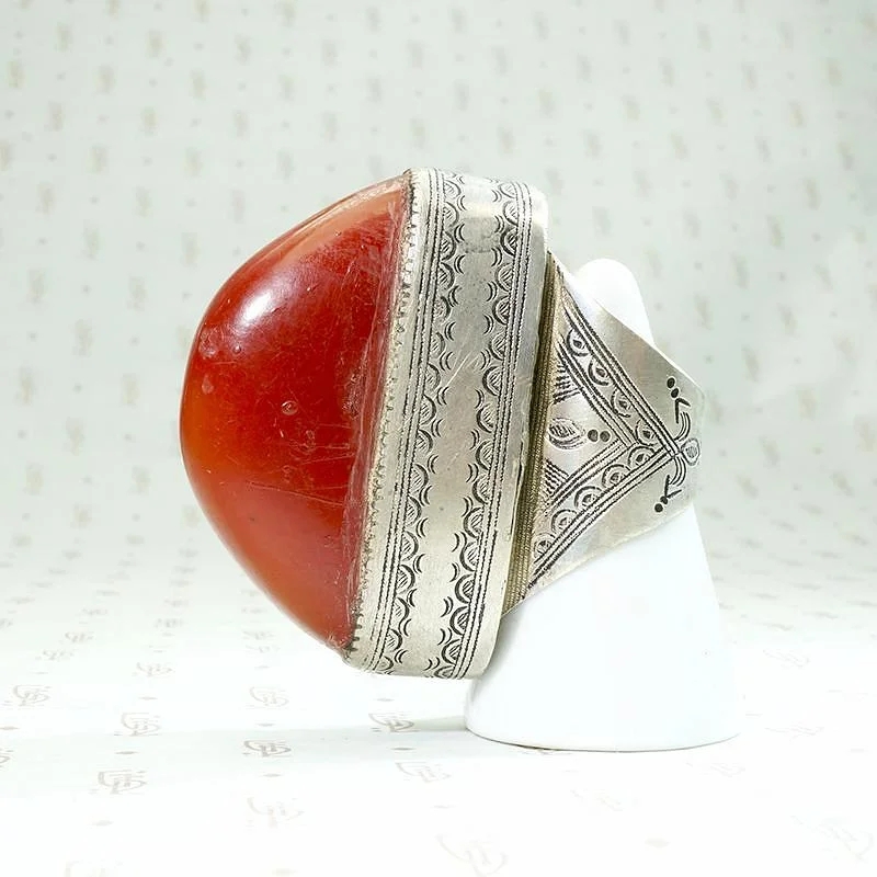 Massive Red Copal in Engraved Metal Ring