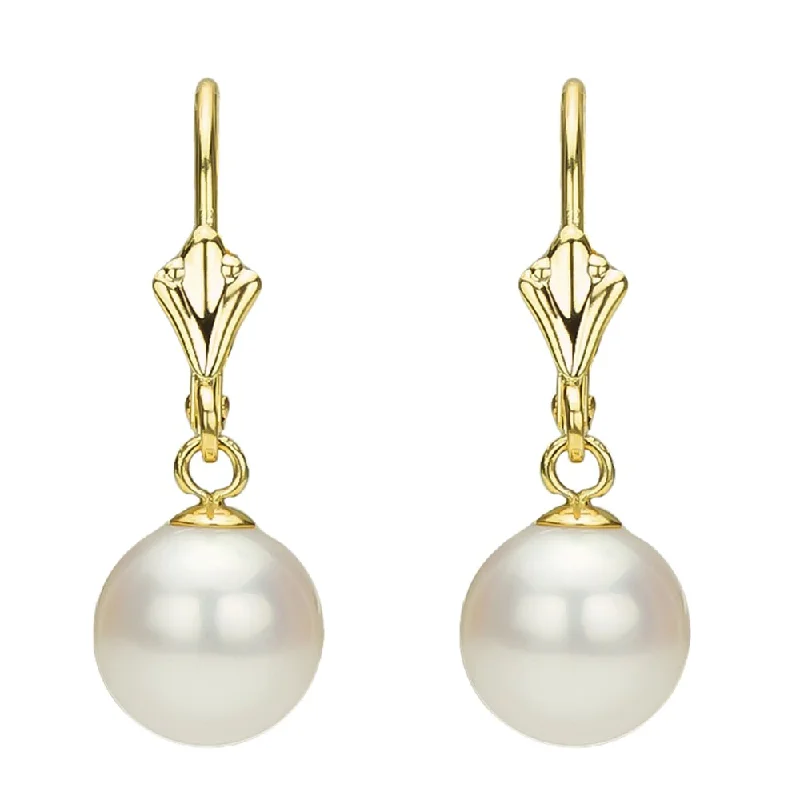 DaVonna 14k Yellow Gold 7-8mm White Freshwater Cultured Pearl Lever-back Earring