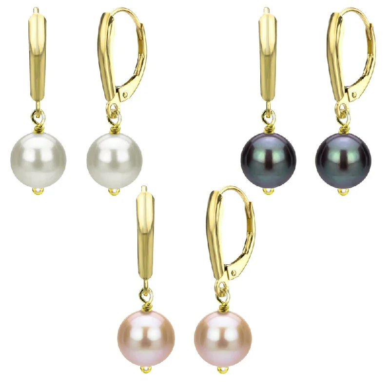 DaVonna 18kt Gold over Silver 9-10mm Freshwater Pearl Three-Pair Lever Back Earring Set