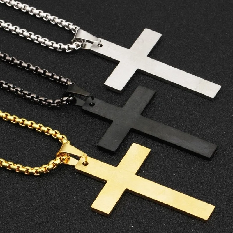 Retro Men Letters Print Cross Pendant Titanium Steel Chain Necklace Jewelry Gift - no