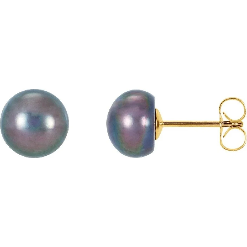 14k Yellow Gold Freshwater Cultured Black Button Pearl Stud Earring for Women