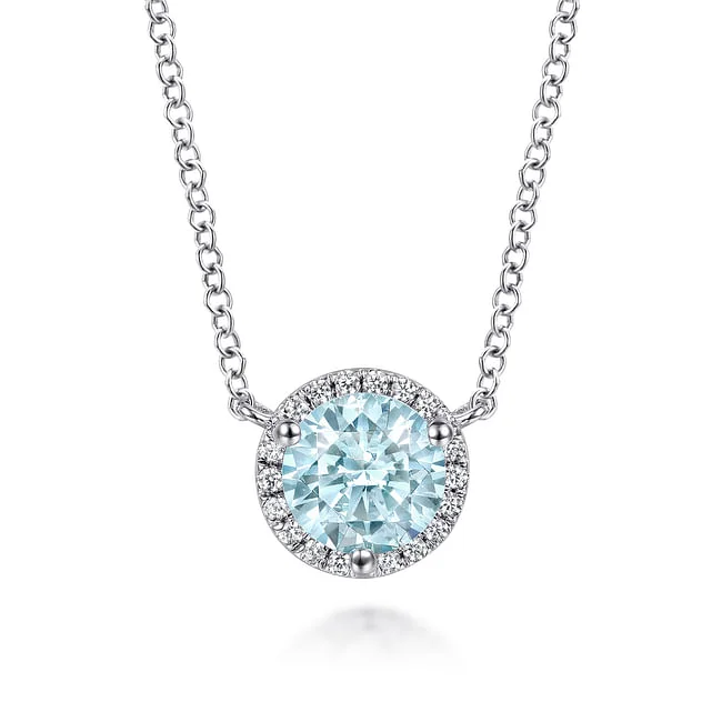 Gabriel & Co.Aquamarine and Diamond Halo Pendant Necklace