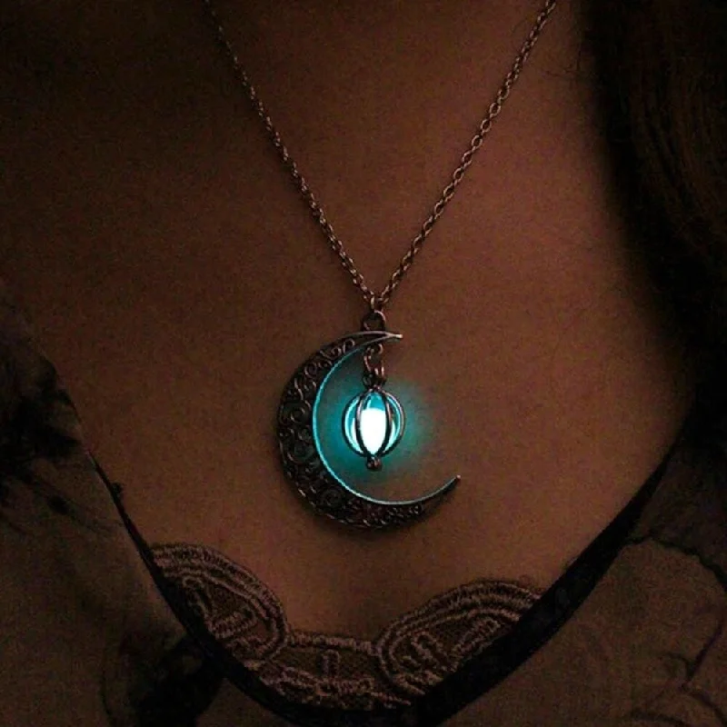 Woman Fashion Hollow Moon Birdcage Pendant Luminous Glow Chain Necklace Jewelry - no