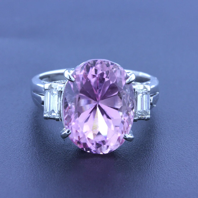 9.70 Carat Kunzite Diamond 3-Stone Platinum Ring