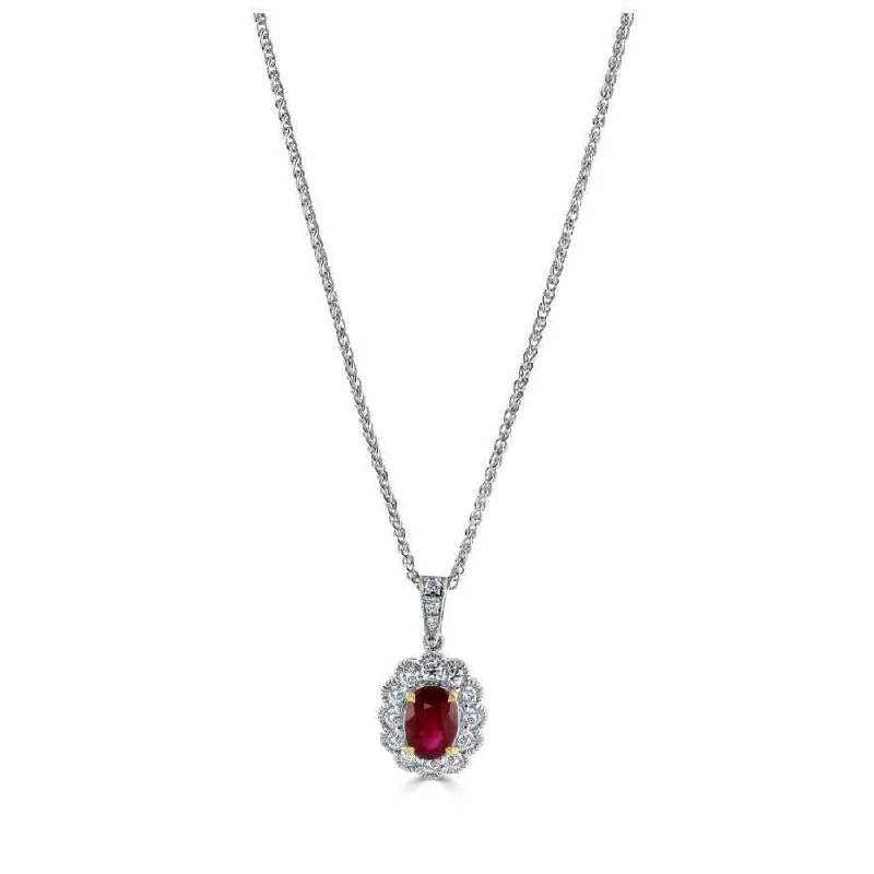 18ct Yellow & White Gold Oval Cut Ruby & Diamond Cluster Pendant