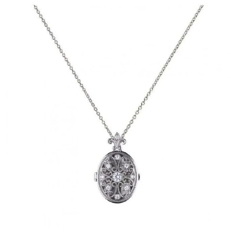 Silver CZ Filigree Locket & Chain