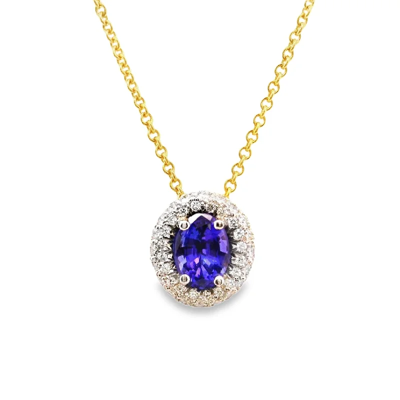 Tanzanite Diamond Pave Halo Platinum 18k Gold Pendant