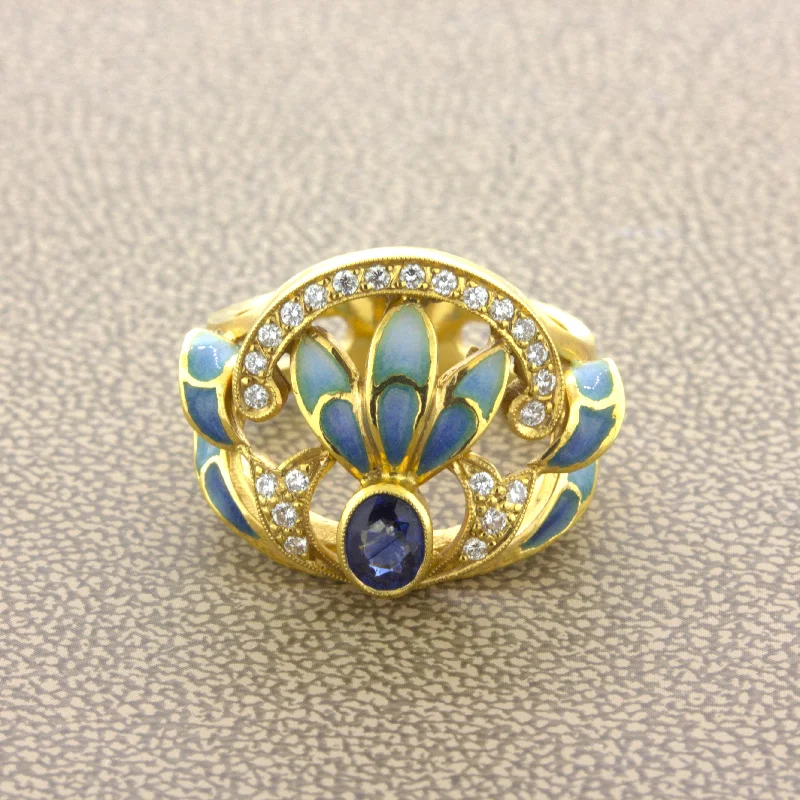 Masriera Diamond Sapphire Enamel 18K Yellow Gold Ring