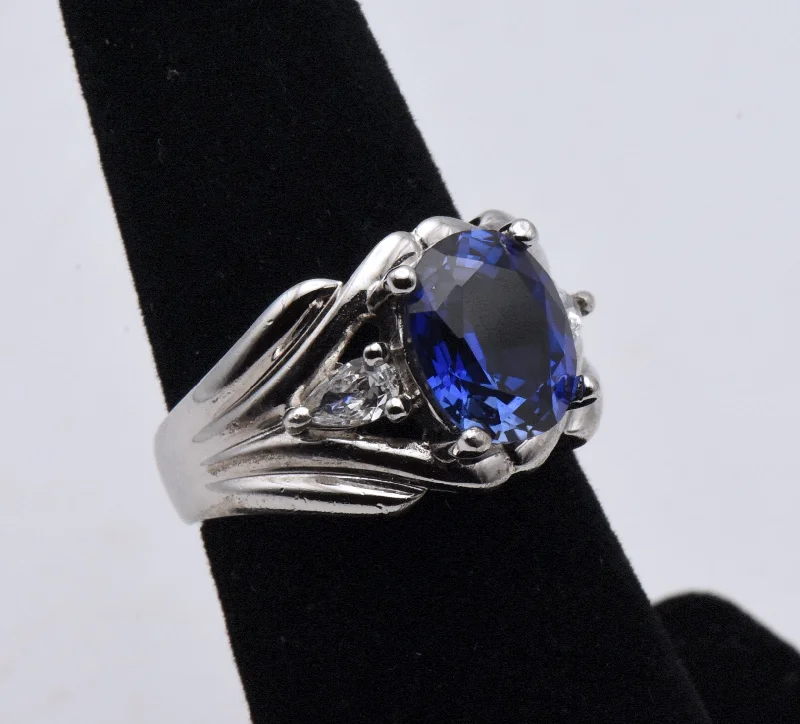 Sterling Silver Synthetic Blue Sapphire and Diamonique Cubic Zirconia Ring - Size 6