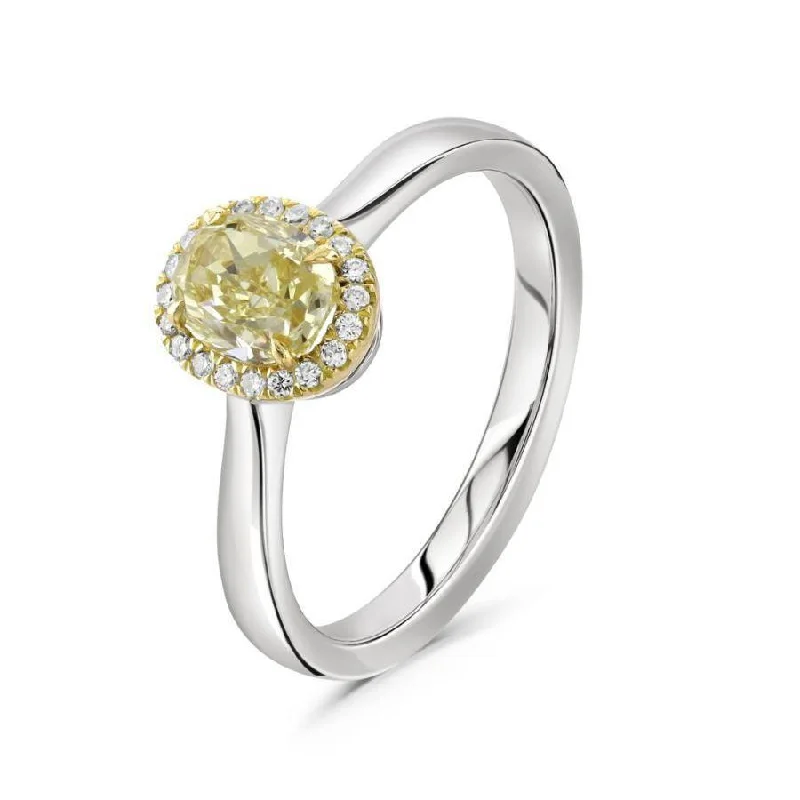 0.91ct Oval Cut Yellow Diamond Halo Cluster Platinum & 18ct Yellow Gold Ring