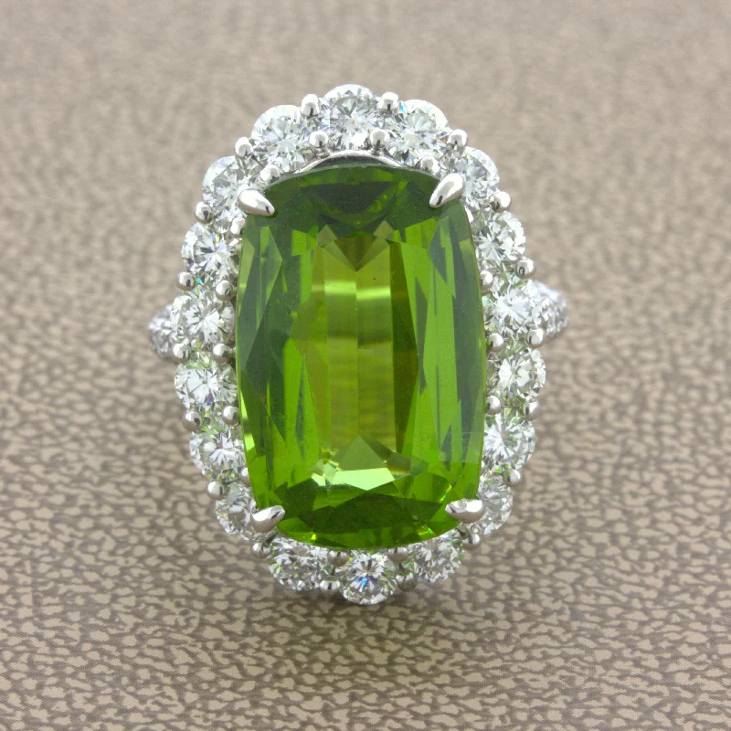 11.52 Carat Peridot Diamond Halo Platinum Ring