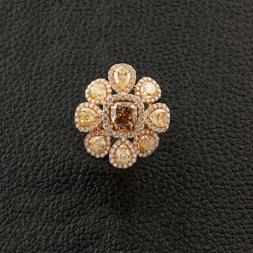 Brown, Yellow & White Diamond Flower Ring