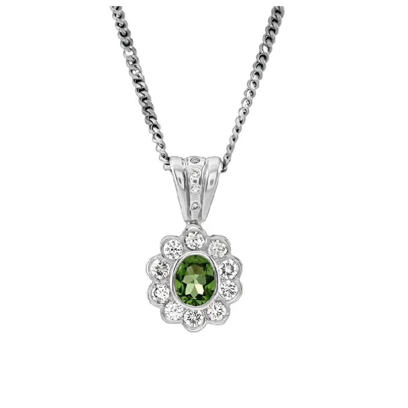 18ct White Gold Oval Cut Tsavorite & Diamond Cluster Pendant & Chain