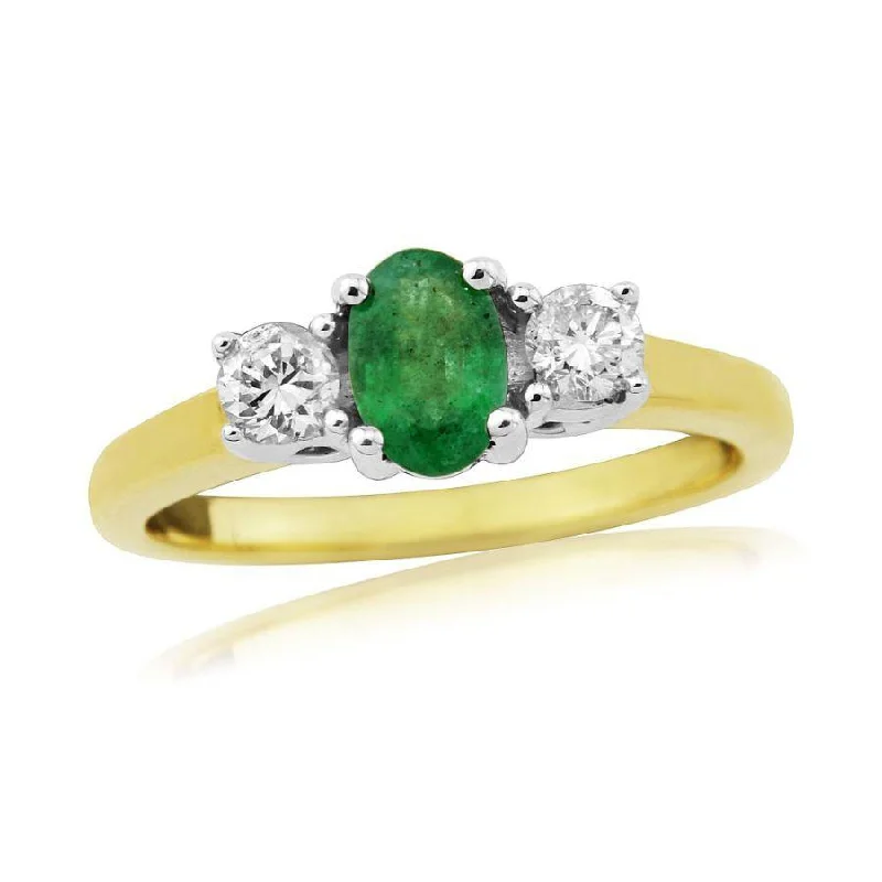 9ct Yellow Gold Oval Cut Emerald & Round Brilliant Cut Diamond Trilogy Ring