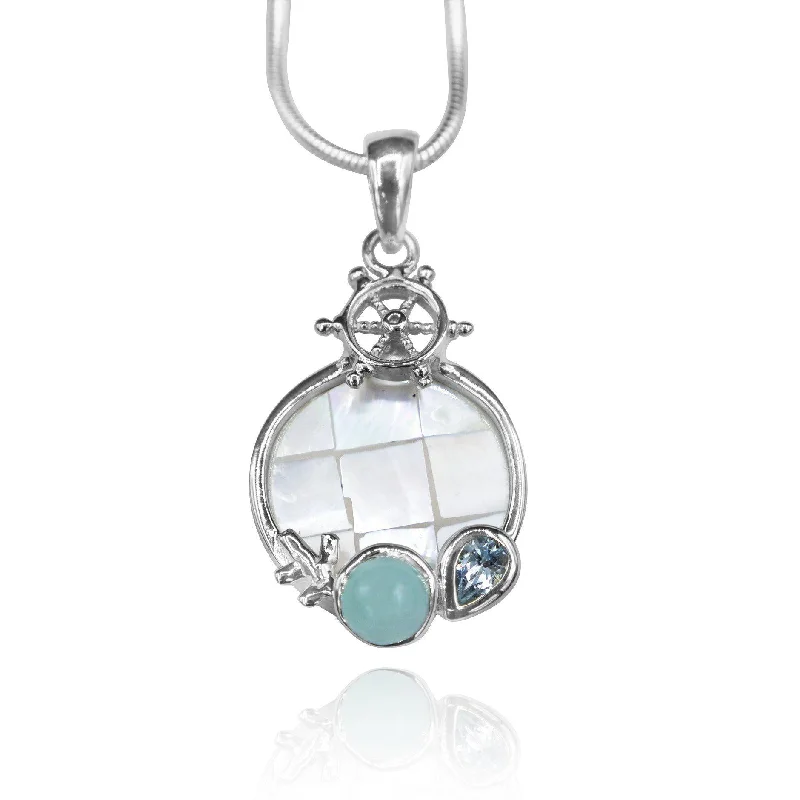 Helm Pendant Necklace with Larimar, Blue Topaz and Mother of Pearl Mosaic