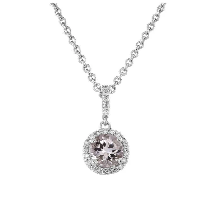 18ct White Gold Round Cut Pink Sapphire & Diamond Halo Cluster Pendant & Chain