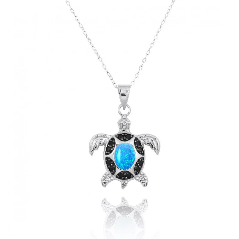 Turtle Pendant Necklace with Blue Opal and Black Spinel