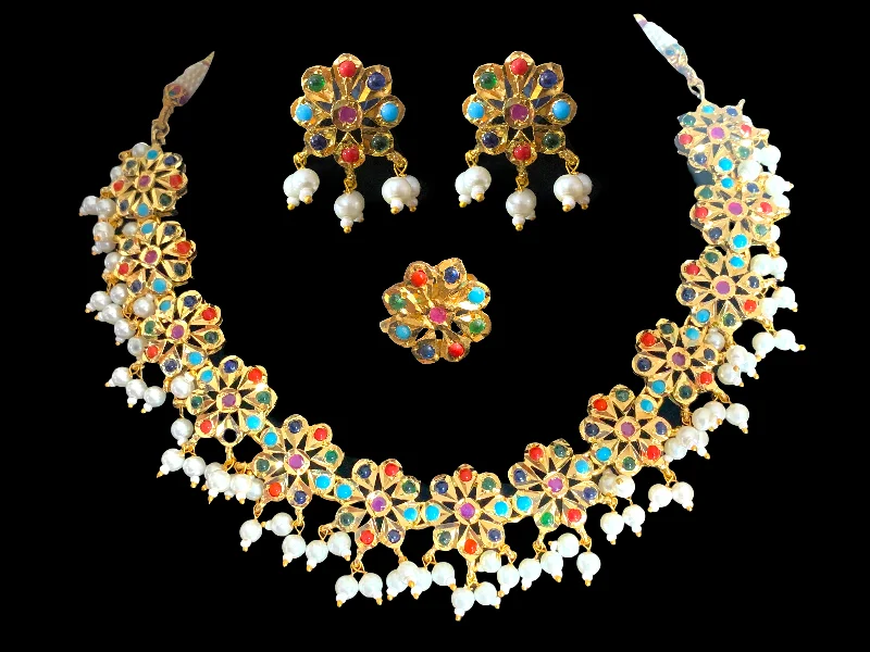 Malavika Multicolor / navratan flower necklace set  (READY TO SHIP )