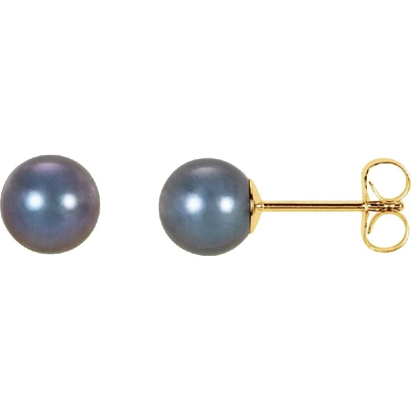 14k Yellow Gold 7 mm Black Freshwater Cultured Pearl Stud Earring for Women