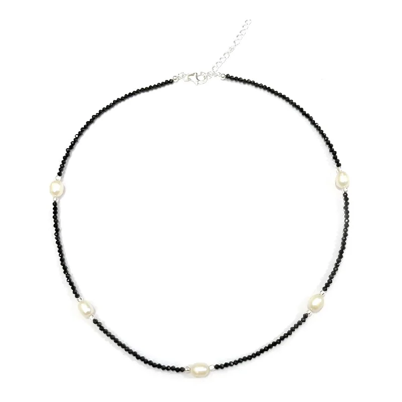 925 Sterling Silver Black Spinel and Freshwater Pearl Necklace