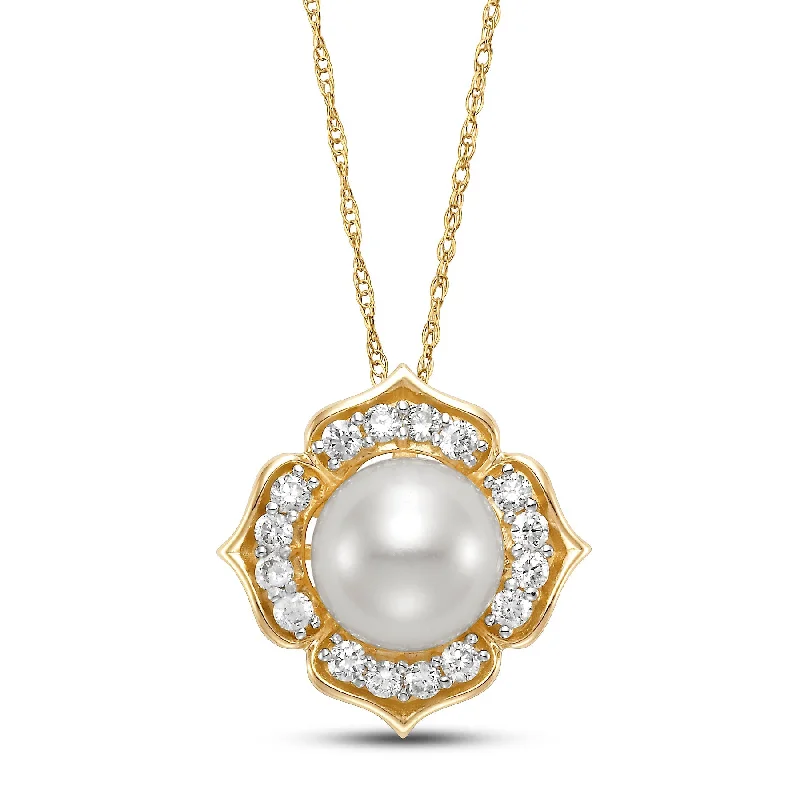 White Pearl & Diamond Blossom Pendant Necklace