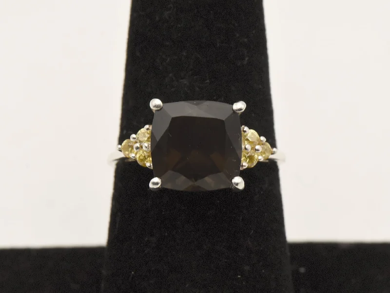 Vintage Smoky Quartz and Rhinestone Sterling Silver Ring - Size 7