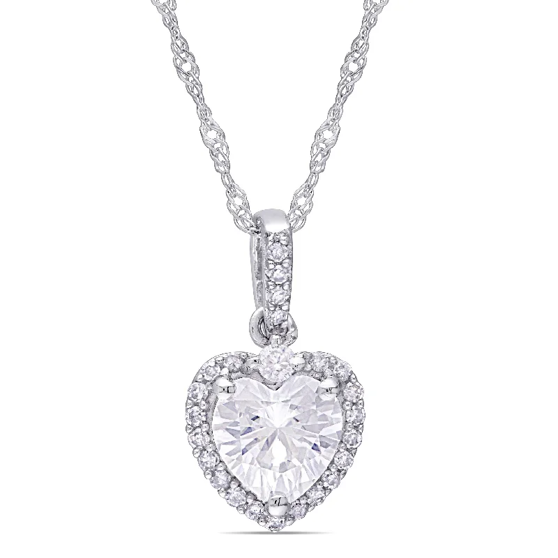 Miadora 4/5ct DEW Heart-cut Moissanite and 1/10ct TDW Diamond Halo Necklace in 10k White Gold - 15 mm x 17 inch x 8.4 mm