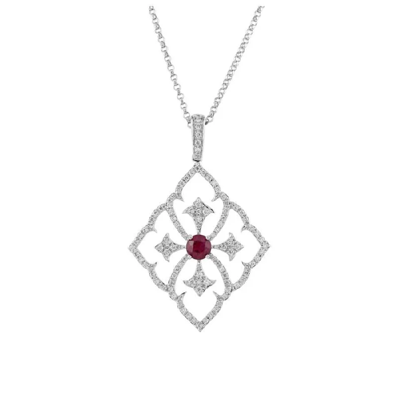 18ct White Gold Round Cut Ruby & Diamond Openwork Pendant & Chain