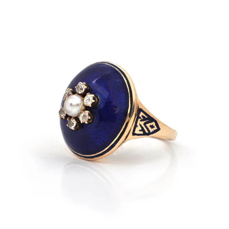 Antique 0.25CT Diamond and Pearl 14K Gold Ring with Enamel C. 1850