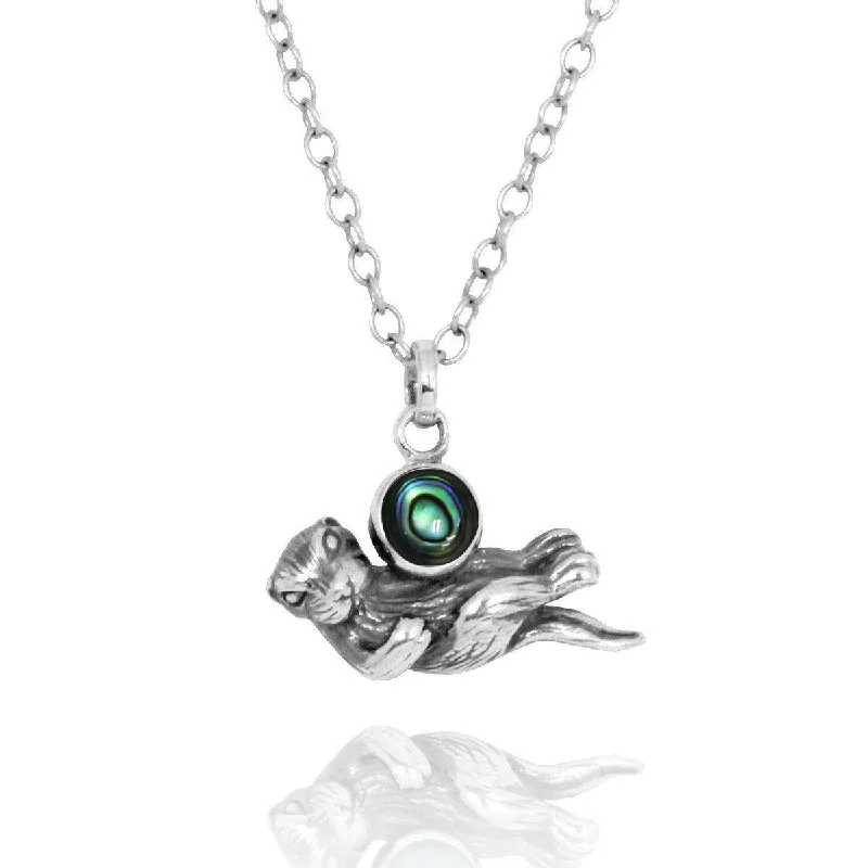 Floating Sea Otter Holding Round Abalone Shell Oxidized Silver Pendant Necklace