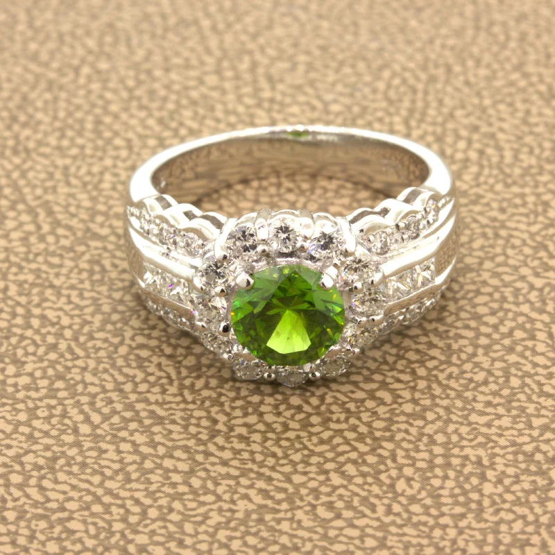 1.44 Carat Russian Demantoid Garnet Diamond Platinum Ring