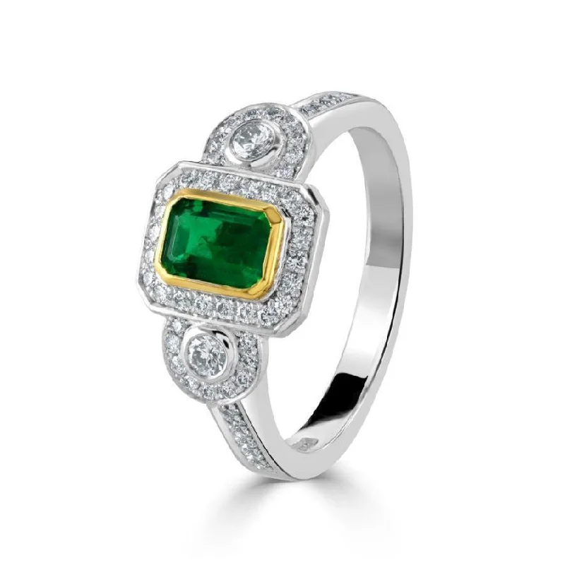 Platinum & 18ct Yellow Gold Emerald & Diamond Retro Vintage Ring